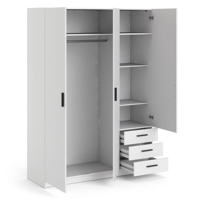 Armoire VEGA - Décor Blanc mat - 3 portes + 3 tiroirs - L 147 x P 49,6 x H 200,4 cm