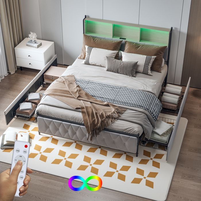 Cama de casal estofada 180x200 com arrumação, cabeceira capitonê com iluminação LED, portas USB e Tipo-C, estrutura da cama com estrado de ripas, veludo bege.