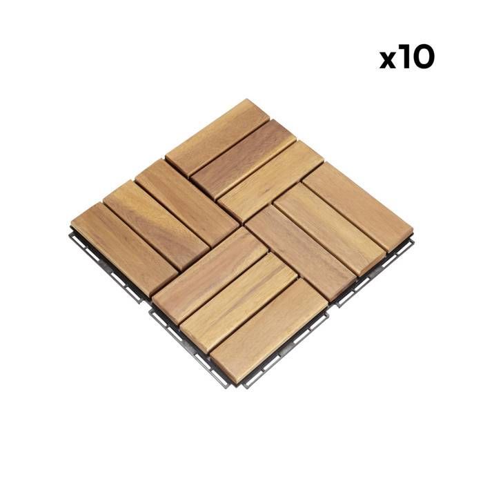 Set di 10 piastrelle per terrazza in legno di acacia, 30x30 cm, con motivo quadrato. Si assemblano a incastro.