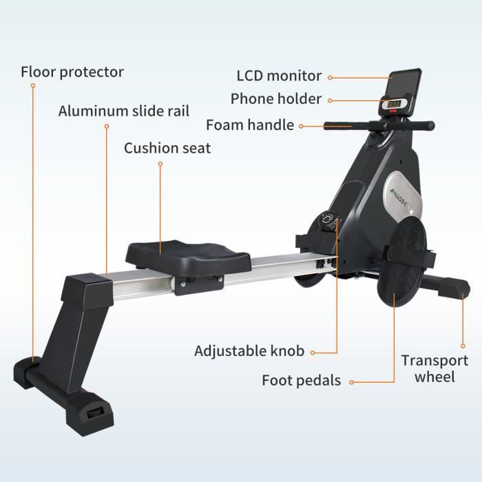 Máquina de remo magnética - remo para fitness en interiores - BIGZZIA - 16 niveles de resistencia ajustables, riel guía de aluminio silencioso