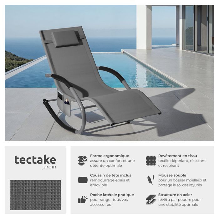 Chaiselongue – TECTAKE – TAYA ergonomischer Gartenliegestuhl mit Schaukelfunktion und geschwungenen Armlehnen – Grau