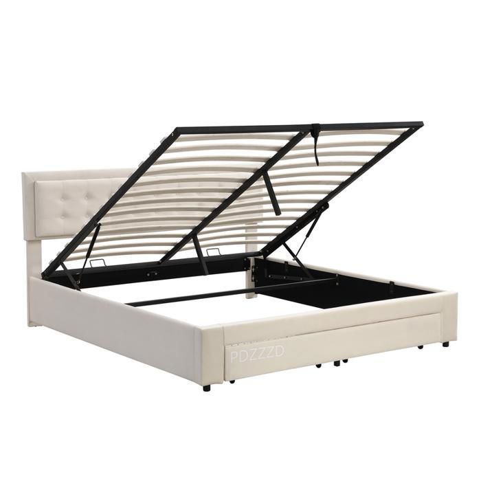Letto matrimoniale contenitore 180x200 cm in velluto con ampio cassetto, dettagli con bottoni, rete a doghe inclusa, stile scandinavo, beige