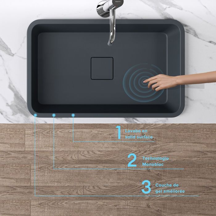 Lavabo empotrado Doporro, gris antracita mate/negro, 53 x 33 x 10,5 cm, lavabo rectangular con tapa de desagüe, Colossum104