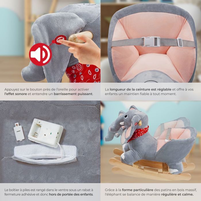 Juguete mecedor - TECTAKE - Elefante mecedor de peluche para niños de 12 meses en adelante con efectos de sonido 33 x 63 x 45,5 cm - Gris