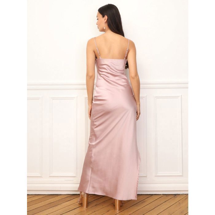 Long satin wrap dress with side ruching. Features thin, adjustable straps and a front slit. Women's Dresses