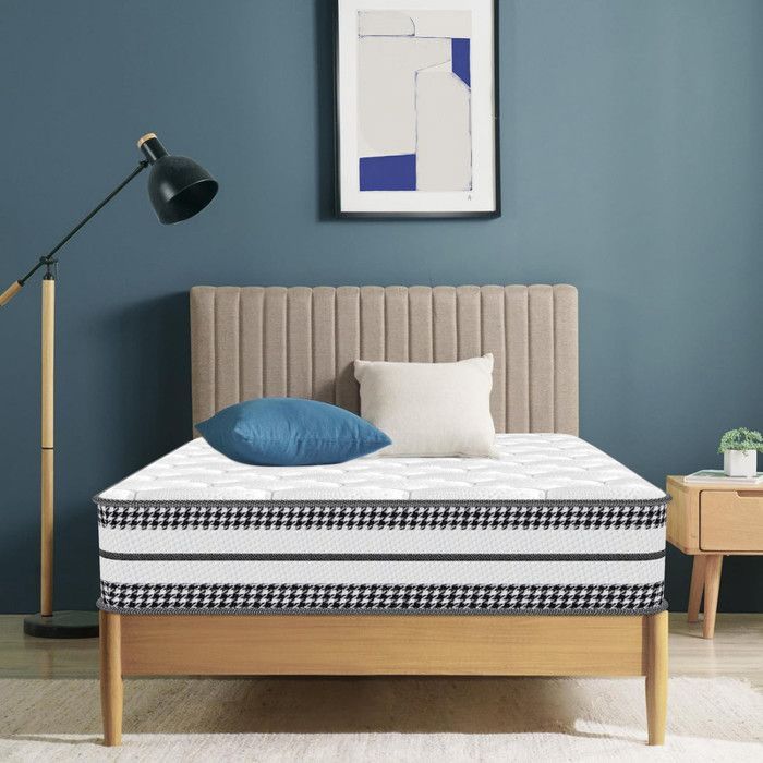 Colchón de 90x200 cm, 26 cm de grosor, espuma viscoelástica y muelles ensacados, 7 zonas de soporte, ergonómico, firmeza media, reversible.