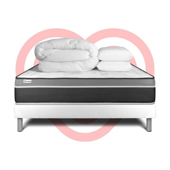 Komplettes Bettset – Matratze (180 x 200 cm) + Lattenrost (Montage erforderlich) + 2 Kissen + Bettdecke – Vital Care Weiß