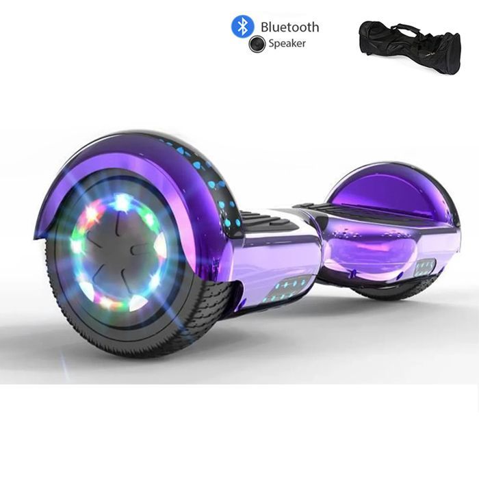 6,5 tommer forkromet lilla hoverboard med Bluetooth-højttaler, flerfarvede LED'er, fjernbetjening og gratis bæretaske