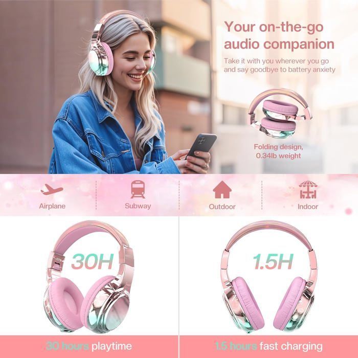Wireless children's headphones, metal, Bluetooth 5.3, microphone, foldable, for girls, boys, teenagers, compatible with iPad, PC, tablet, pink
