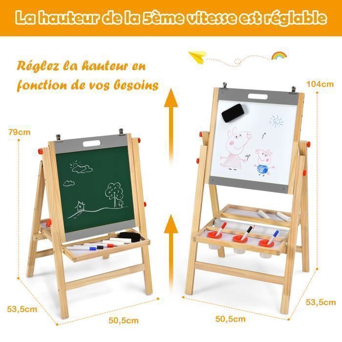 Caballete plegable infantil GOPLUS, pizarra de doble cara en blanco y negro, 5 niveles de altura ajustables, accesorios completos, madera de pino, gris.
