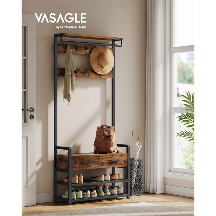 Garderobenschrank mit 10 abnehmbaren Haken, 2 Schubladen, zerlegbarem Design, 30 x 80,4 x 181,6 cm, Rustikales Braun und Tintenschwarz