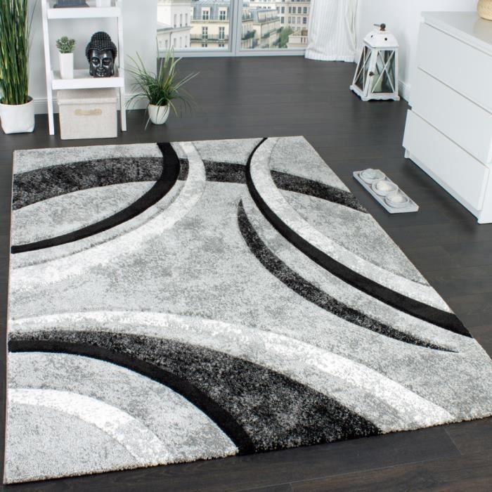 Alfombra de diseño moderno - Gris, negro, crema - 120 x 170 cm - Estampado de rayas moteadas - Polipropileno - Uso en interiores - PACO HOME