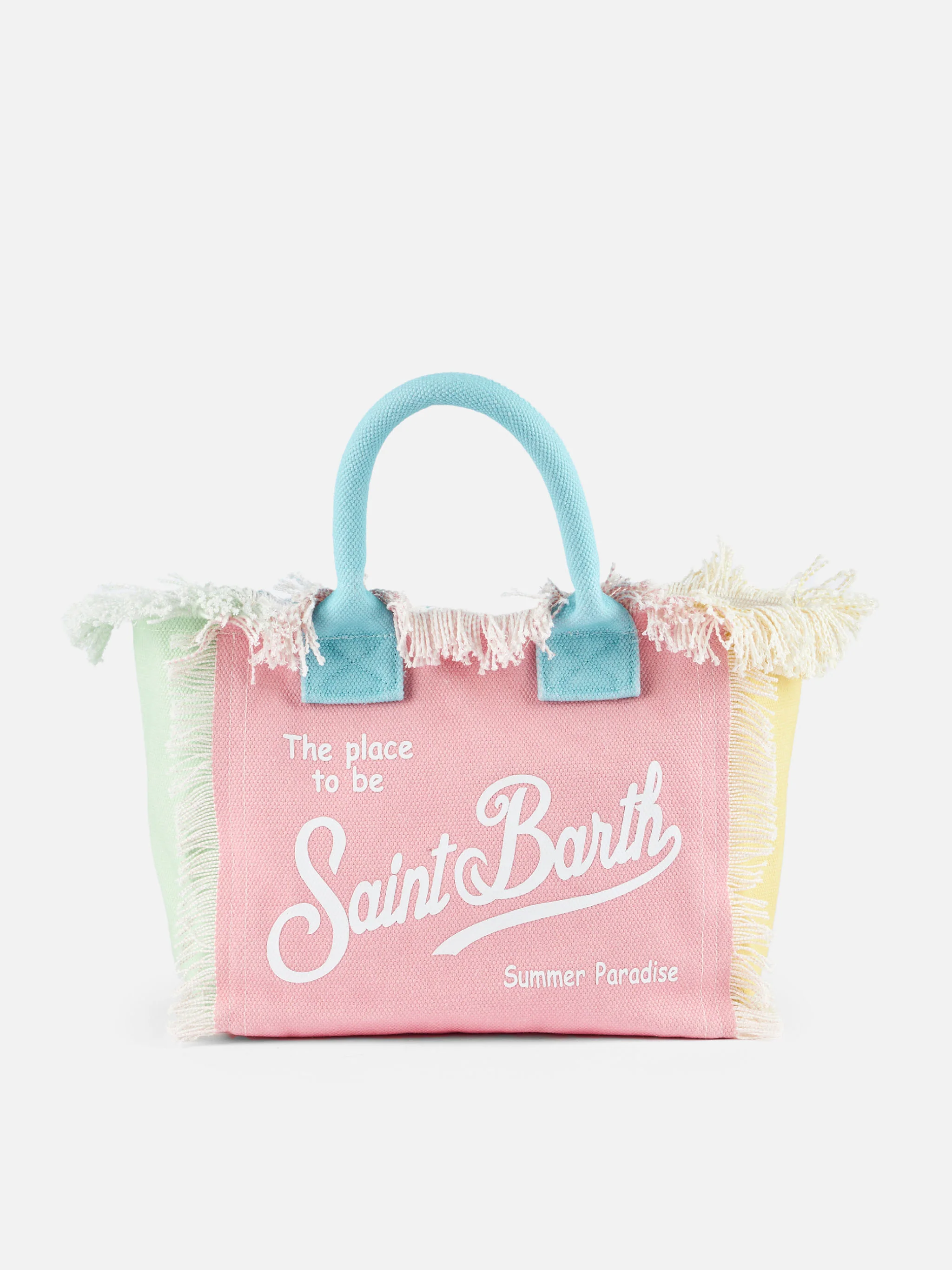 Colette Handtasche aus Baumwoll-Canvas mit Fransen – Mehrfarbiger Aufnäher mit Saint Barth Pink Logo und Reißverschlusstasche | MC2 Saint Barth