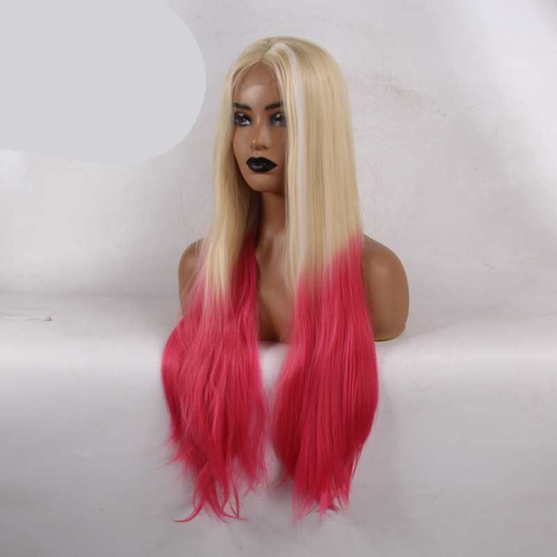 Pelucas sintéticas de encaje frontal color rojo degradado para mujer, línea de cabello natural para cosplay, pelucas de encaje liso sin pegamento.