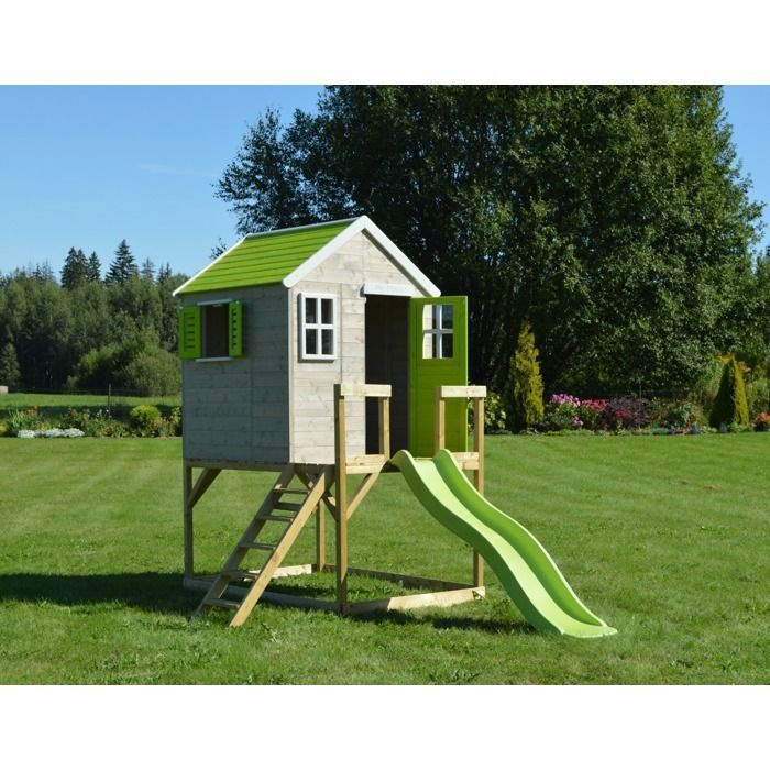 KANGUI Maison de jardin enfant extérieur - Cabane en Bois avec plateforme et toboggan - Toit étanche - Vert et Blanc