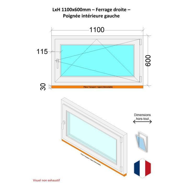 Ventana de PVC - Ancho x Alto 1100 x 600 mm - Triple acristalamiento - Color blanco - Manilla izquierda