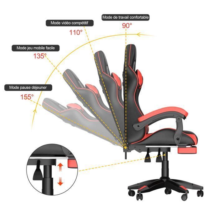 Sedia da ufficio gaming con poggiapiedi ergonomico, girevole a 90°, cuscino lombare e poggiatesta, regolabile in altezza.