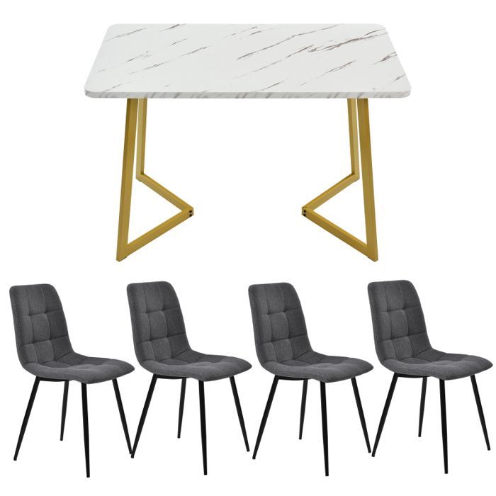 Dining table with 4 chairs, modern kitchen/living room table and chair set, dark grey linen chairs, gold table legs