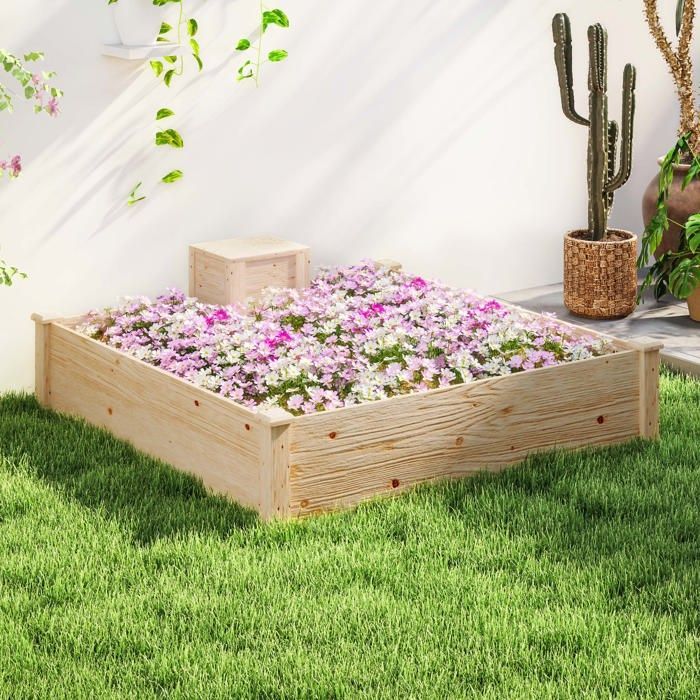 Planter - Outsunny - with compost bin - open bottom design - for vegetables and flowers - made of wood - 123 x 123 x 25.5 cm natural wood