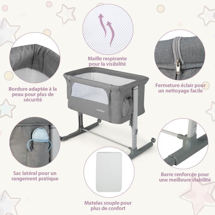 COSTWAY Baby Co-Sleeping Crib with 5 Adjustable Heights, 9KG Load Capacity, Breathable Mesh Bassinet and Travel Bag for Babies 0-6 Months, Light Grey