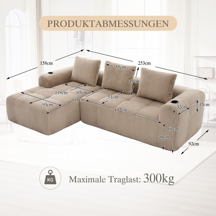 Canapé Modulable Convertible  3 Places en L avec Porte-Gobelets,Canapé d'angle Convertible en Velours Côtelé avec 3 Coussins,kaki