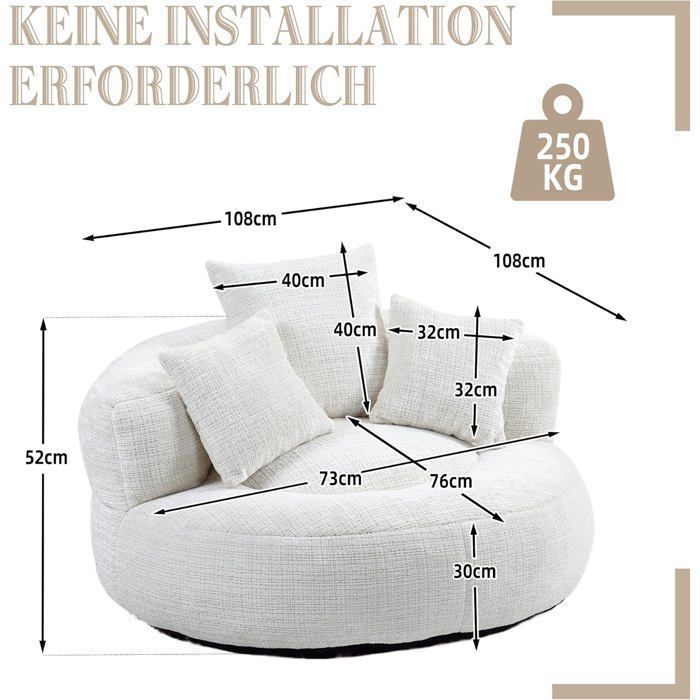 Poltrona a sacco a due posti in ciniglia beige, 108×108×52 cm, con 3 cuscini — divano relax per soggiorno e camera da letto