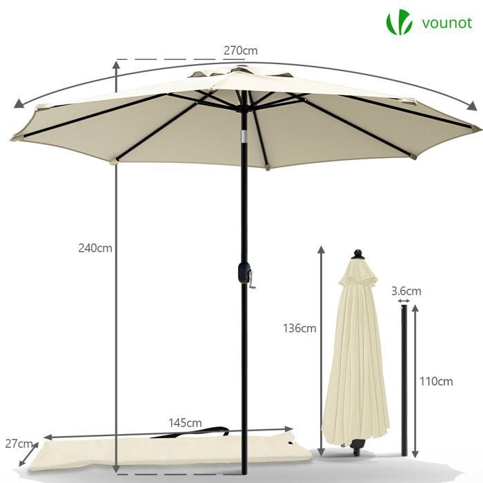 Ombrellone inclinabile VOUNOT® Ø 2,7 x H 2,4 m Beige - Tessuto resistente ai raggi UV e impermeabile - Copertura protettiva