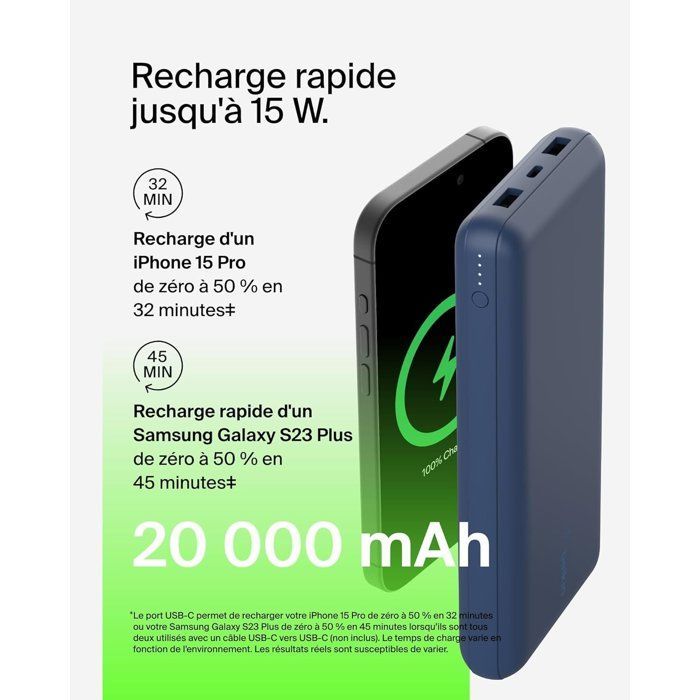 Externer Akku – BELKIN – 20.000 mAh – USB-A & USB-C – 15 W – Blau