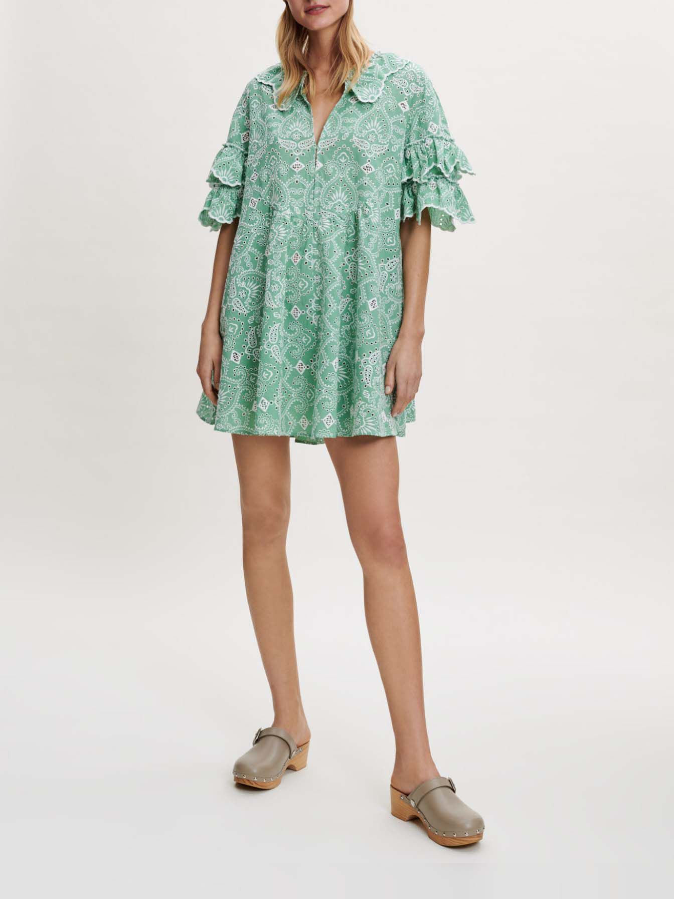 Rochie din bumbac brodată - Vert clair