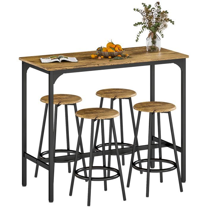 HOMCOM - Mesa alta y 4 taburetes - Metal - 110x50x89,5cm - Marrón