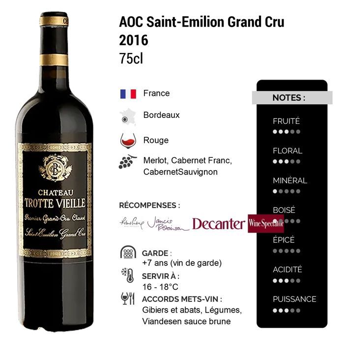 Château Trotte Vieille Saint-Emilion Grand Cru 2016 - Vin Rouge de Bordeaux (75cl)