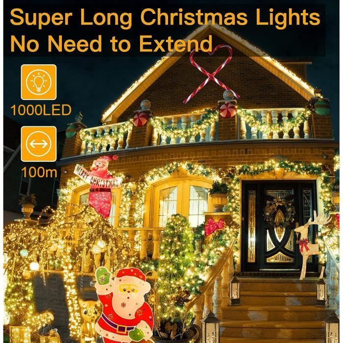 Guirnalda de luces navideñas de 100 m con 1000 LED, resistente al agua IP44, con control remoto, 8 modos, decoración para fiestas navideñas y bodas, luz blanca cálida.
