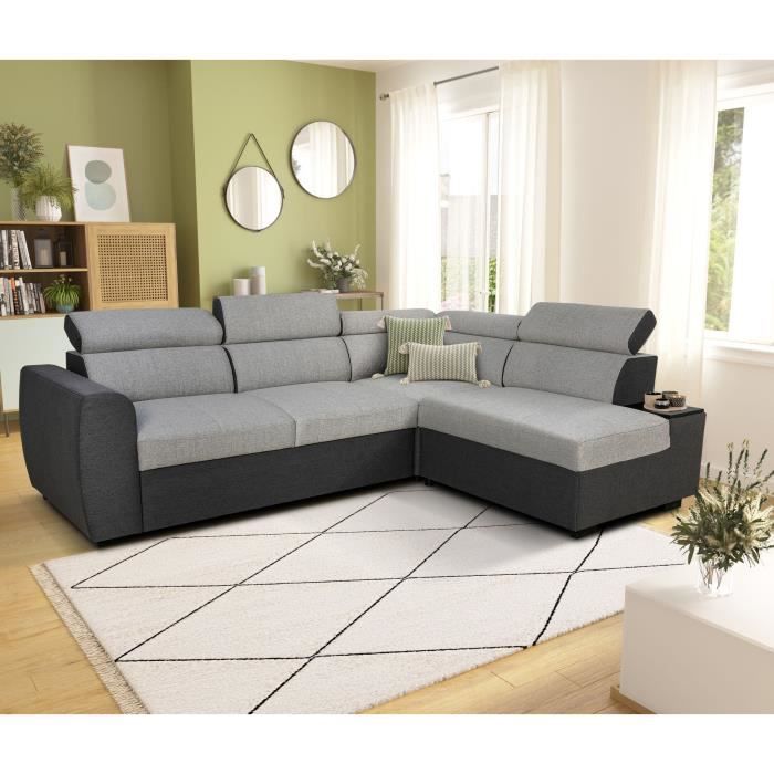 Canapé d'angle convertible réversible - 4/5 places - KELIO - Tissu Anthracite/Gris - 3 tétières - 245 x 184 x 77/87 cm