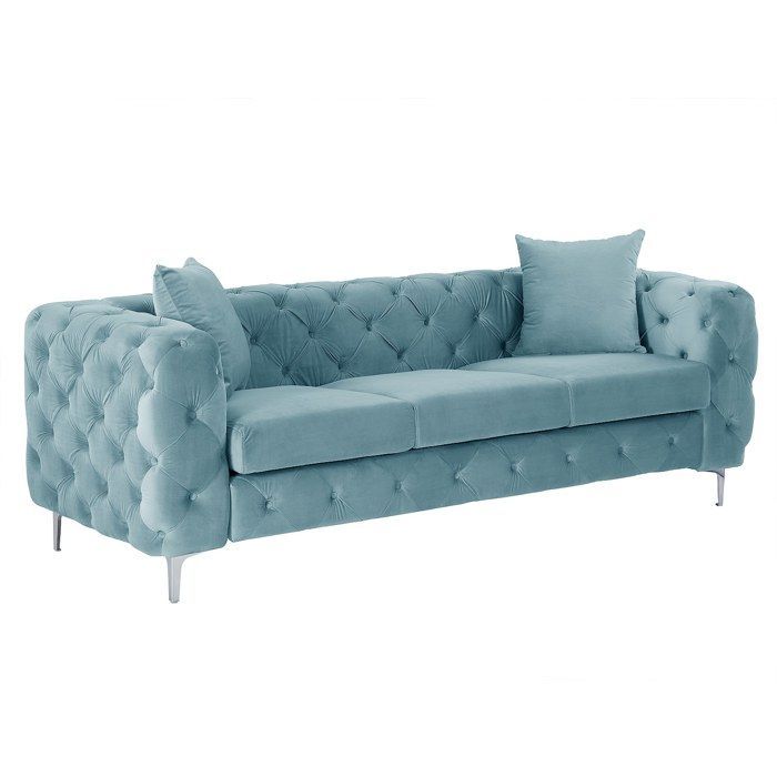 Divano a 3 posti, divano a 2 posti e poltrona Chesterfield in velluto azzurro pastello EDWINA