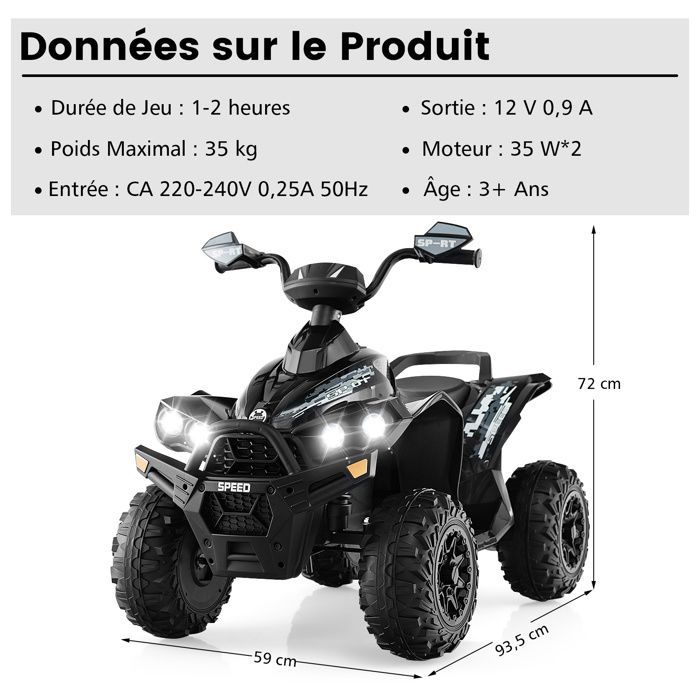 Quad eléctrico COSTWAY para niños, 12V7Ah, luces LED, música, pedales, claxon, 3-4 km/h, para niños de 3 a 8 años, negro.
