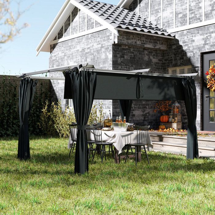 Pérgola retráctil Outsunny de 4 x 3 m con cortina y techo corredizo - Aluminio, metal, poliéster de 180 g/m² - Gris oscuro