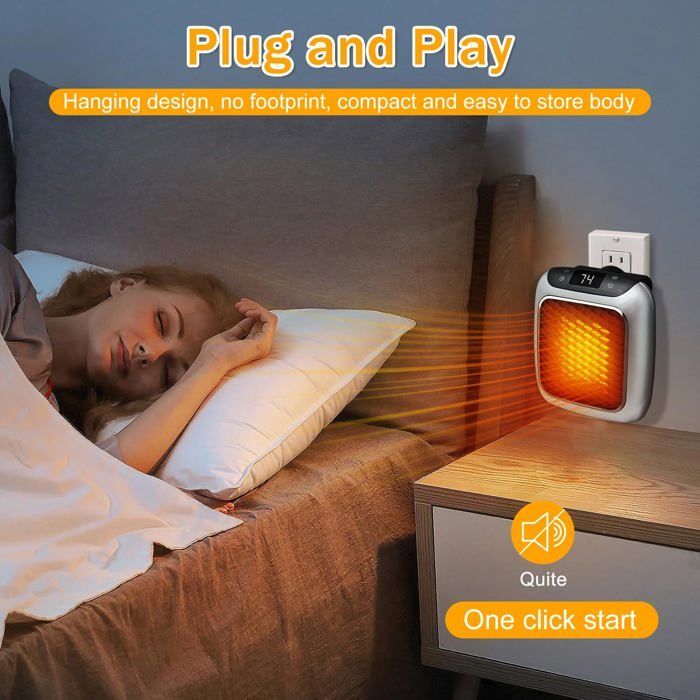 Calefactor eléctrico inteligente de cerámica de 800 W con enchufe de pared y termostato remoto.