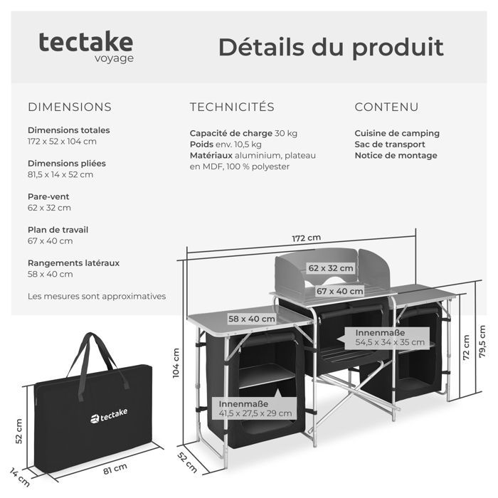Muebles de camping - TECTAKE - Cocina de camping plegable con bolsa de transporte 172 x 52 x 104 cm - Negro