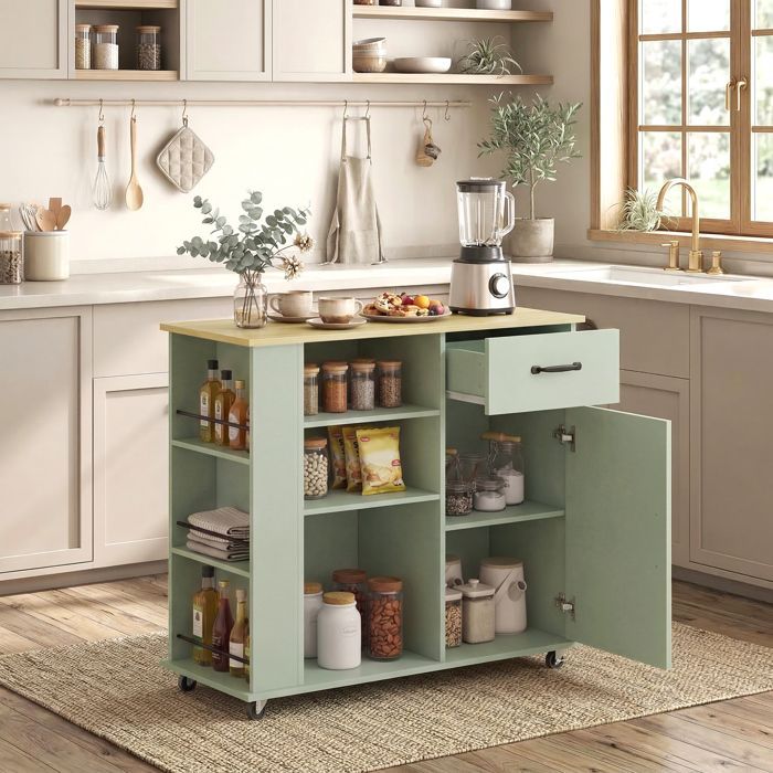 Desserte de cuisine - HOMCOM - sur roulettes - tiroir, porte, compartiments ouverts et porte-épices - bois - 96,5x38x87cm - vert