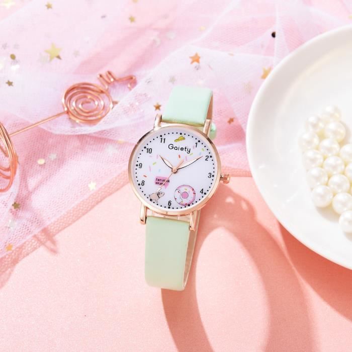 Conjunto de regalo de reloj y pulsera para niñas – Pulsera de cuero verde Sakura Fashion Lovely, regalo para niñas