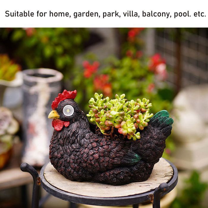maceta con forma de gallina, de resina, con luz solar integrada, ideal para decoración de jardín, exterior e interior.