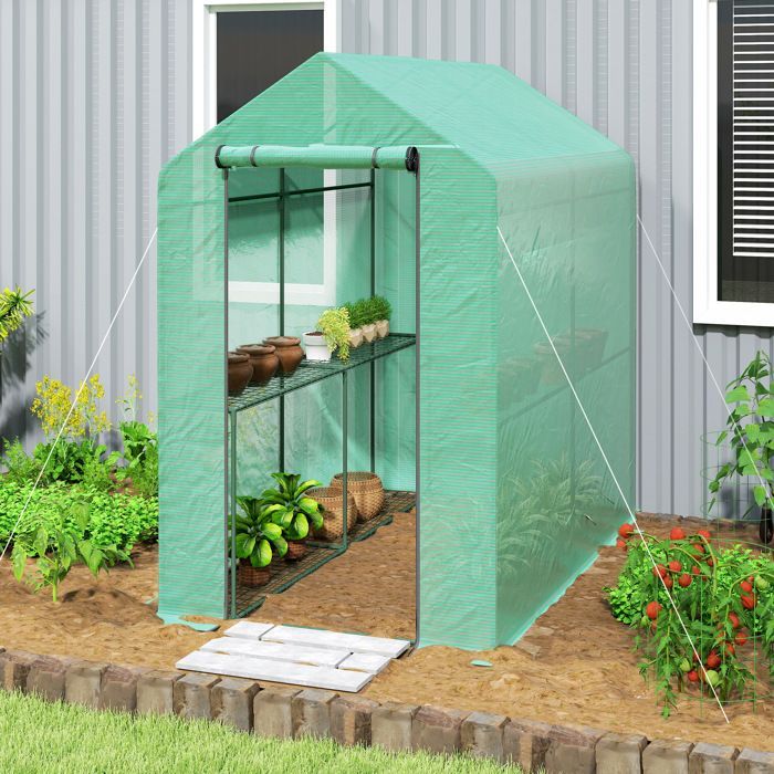 Gartengewächshaus – Outsunny – 2-stöckiges Regal mit aufrollbarer Reißverschlusstür – verstärkte 140 g/m²-Plane, Stahlrahmen – grün