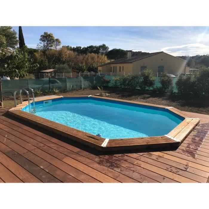 Kit de piscina de madeira UBBINK para instalação acima do solo - 490 x 300 x 120 cm - Oval (Com filtro de areia, escada interna e escada externa)