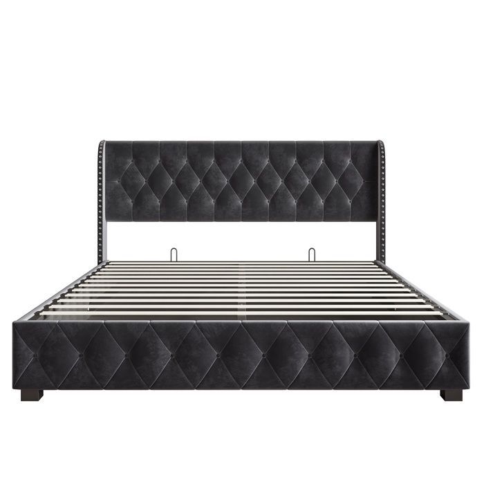 Letto 160x200 cm - Letto contenitore da 160 cm con rete a doghe - Testiera imbottita e borchiata - Eleganza e comfort - Velluto grigio antracite
