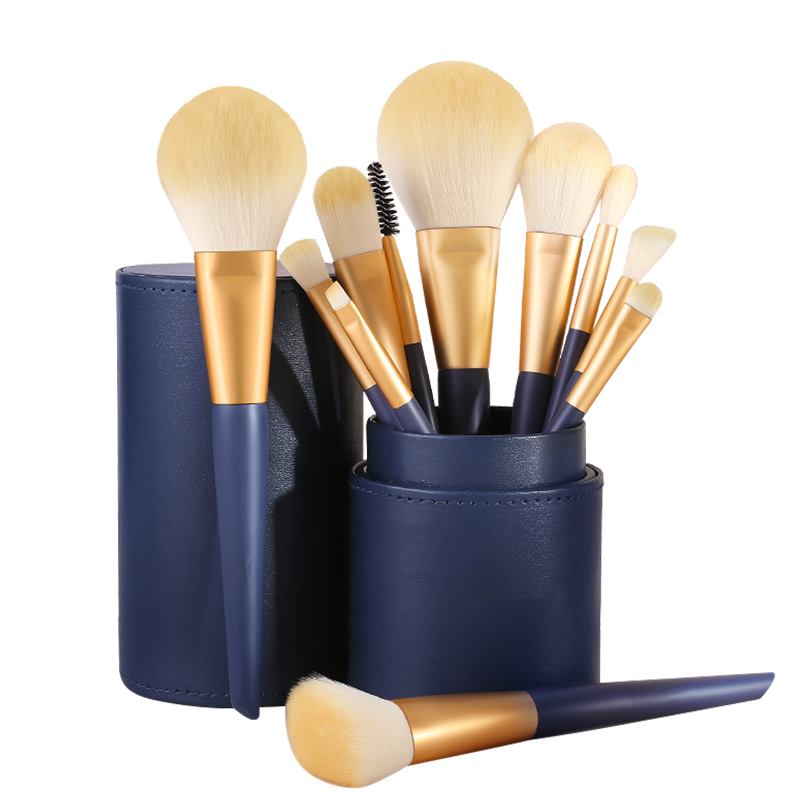 Ensemble de 11 pinceaux de maquillage bleu marine pour fard à paupières, poudre, correcteur, correcteur et sourcils.