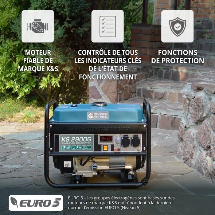 Groupe électrogène à essence-gaz KS 2900G Könner & Söhnen, puissance max 2900W, démarrage manuel, régulateur AVR, affichage LED.
