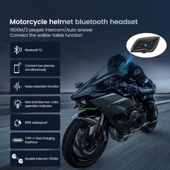 Intercomunicador Bluetooth para motocicleta - Kit de intercomunicador inalámbrico para casco de motocicleta - Resistente al agua hasta 1500 m (IP65) - Control de llamadas