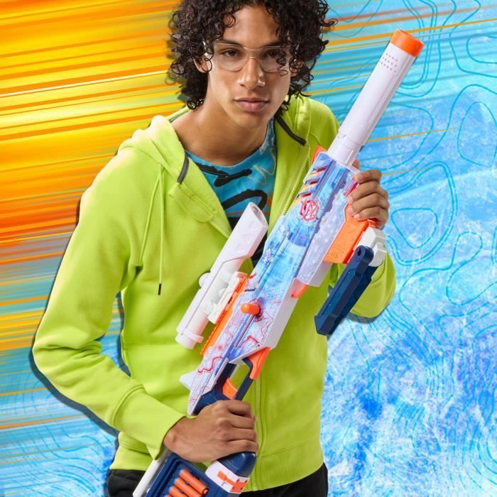 Nerf Loadout Arctic Zerostriker blaster with 4 interchangeable accessories, 24 Nerf N1 darts, 6-dart internal magazine.
