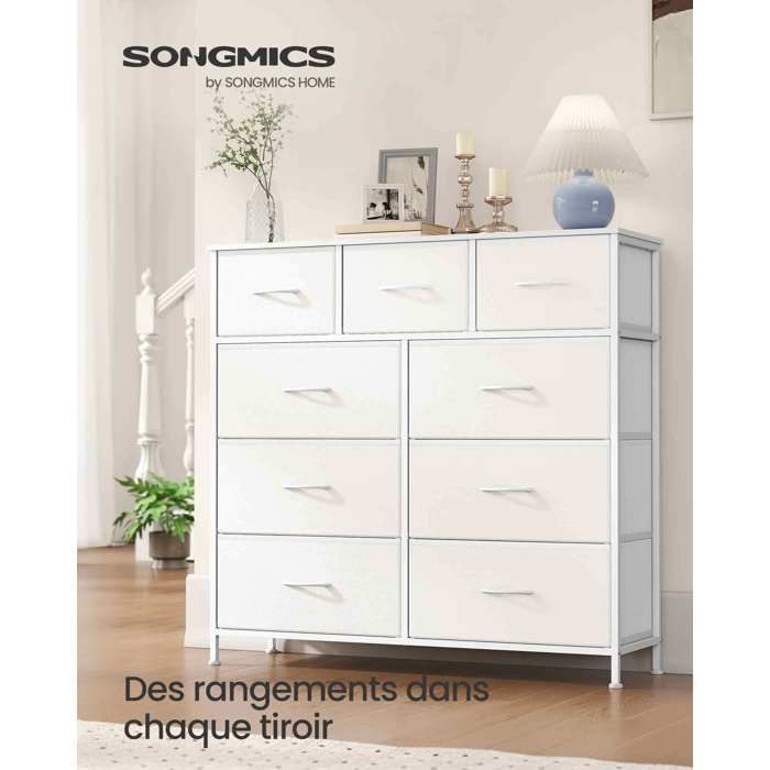 Commode 9 Tiroirs - Acier - Blanc Nuage et Blanc Neige - Polyvalente - Robuste - Montage Facile