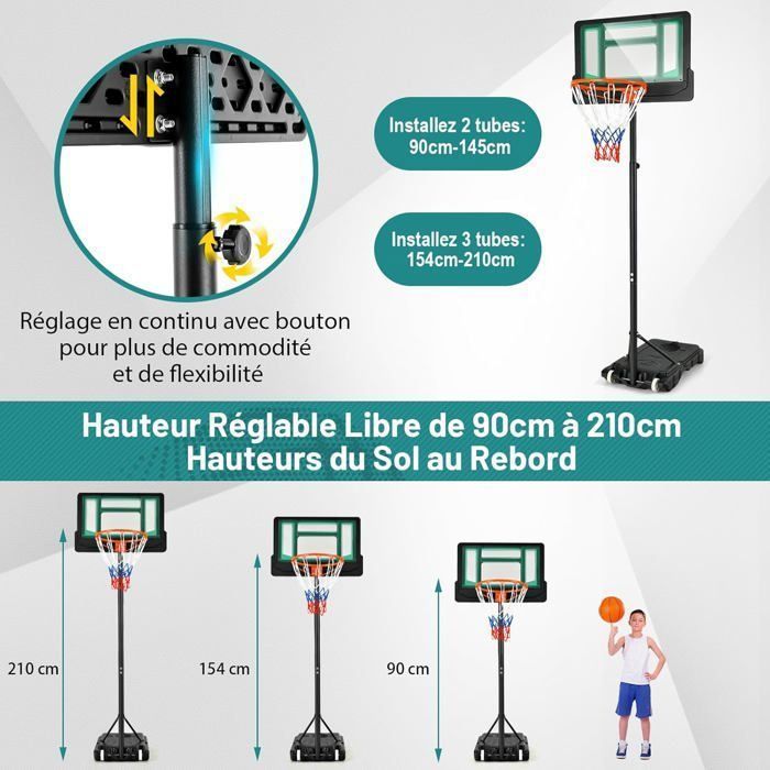 Aro de baloncesto independiente COSTWAY con ruedas - Altura ajustable de 90 a 210 cm - Tablero de PE - Se puede rellenar con agua o arena - Para mayores de 3 años - Verde